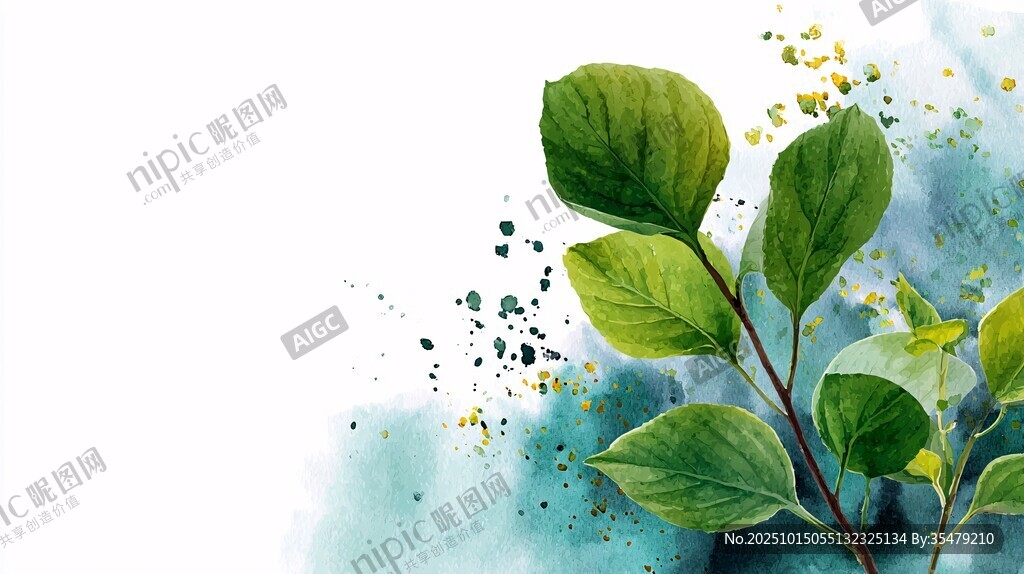 水彩绘绿叶清新自然风