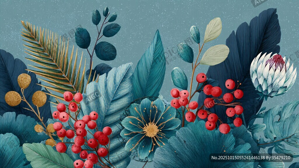 蓝调植物花卉插画