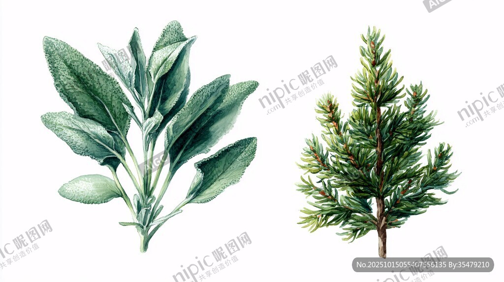 手绘绿植 鼠尾草与松枝