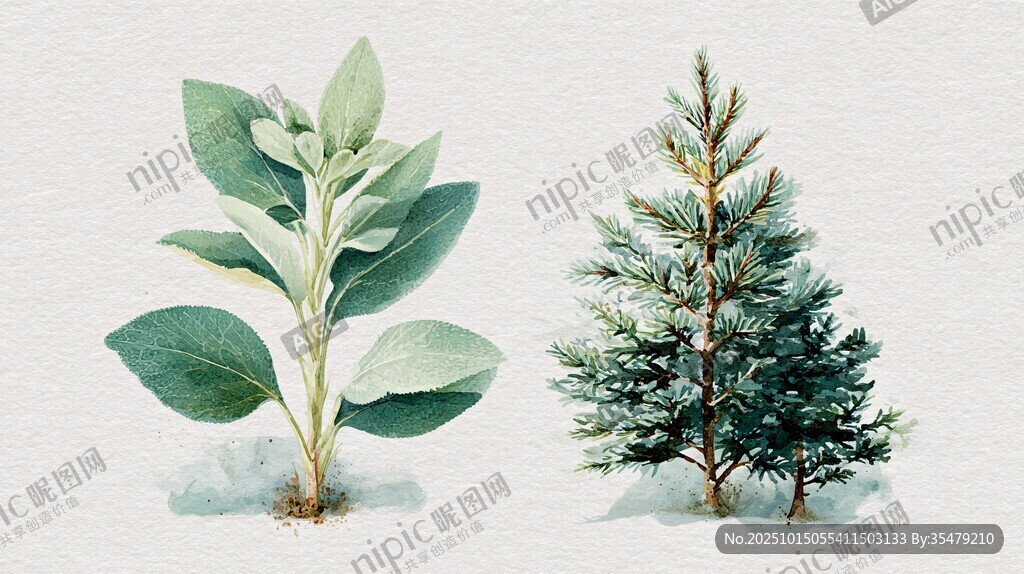 两株植物水彩插画
