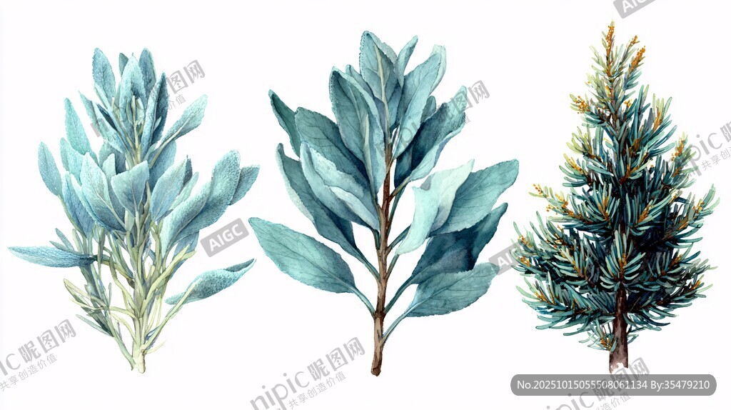 三种清新植物水彩插画