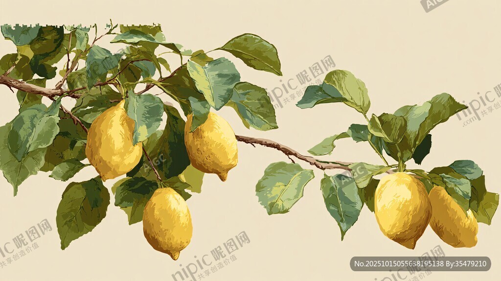 枝头柠檬与绿叶的景致