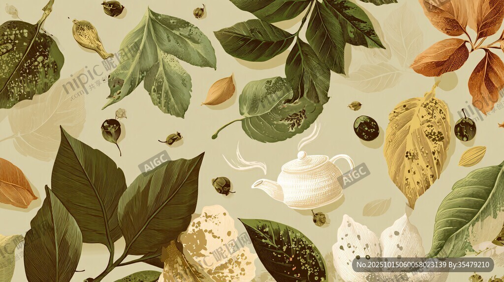 秋季叶与茶具图案背景图