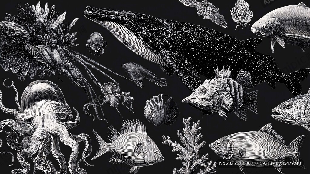 海洋生物黑白插画集合