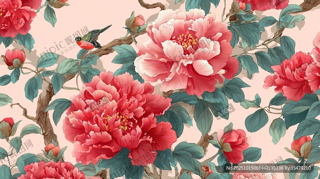 中式牡丹花鸟唯美图案