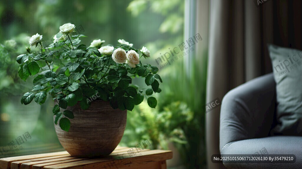 窗边白玫瑰盆栽温馨场景