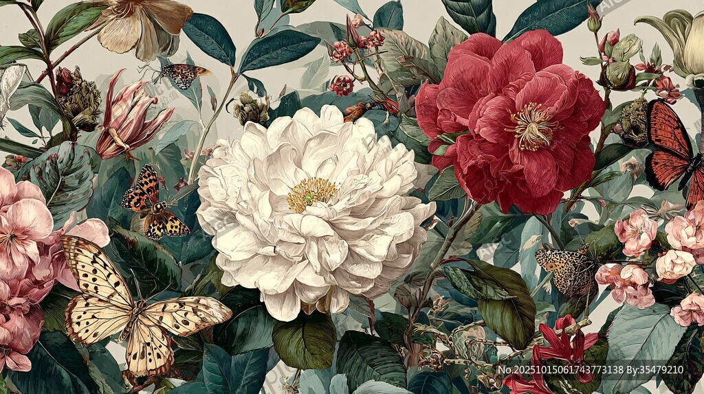 繁花蝶影复古风花卉图
