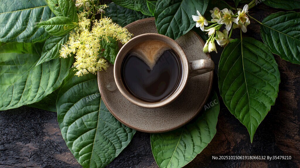绿叶环绕的爱心咖啡杯