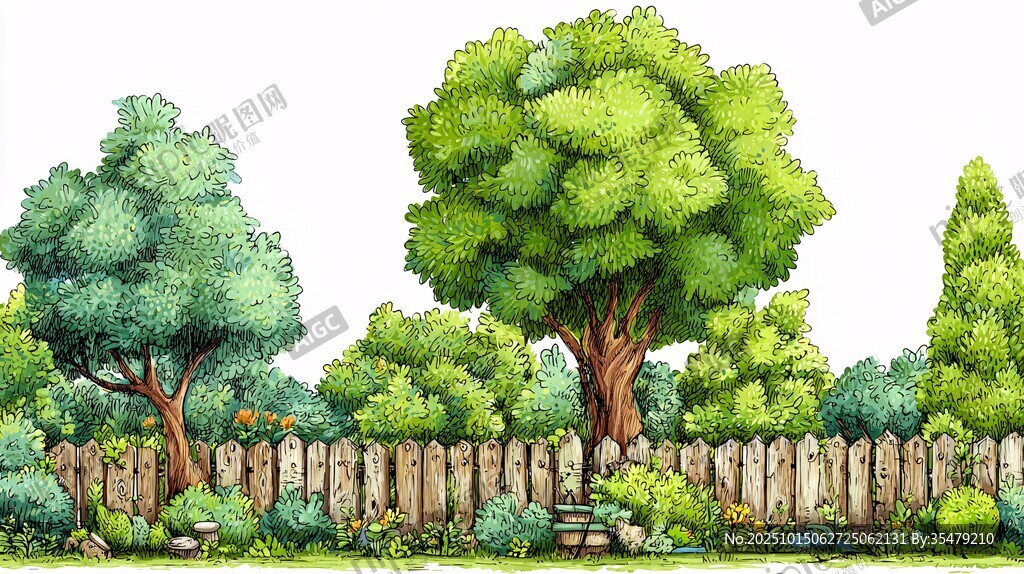 庭院绿树围栏风景如画
