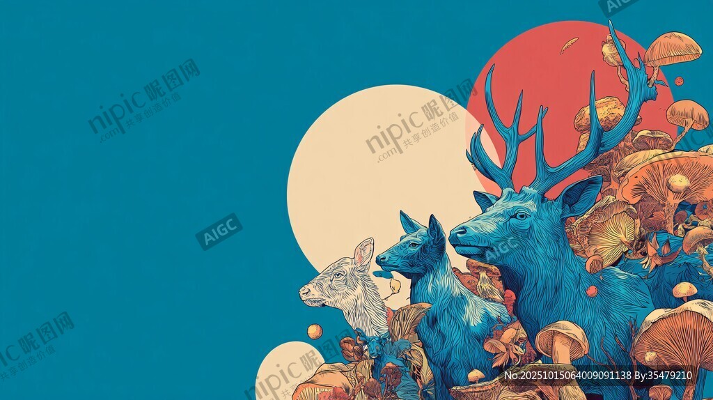 奇幻森林中的动物与日月