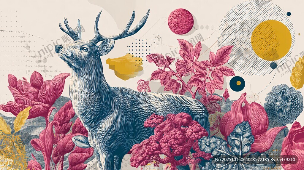 梦幻鹿与缤纷花卉插画
