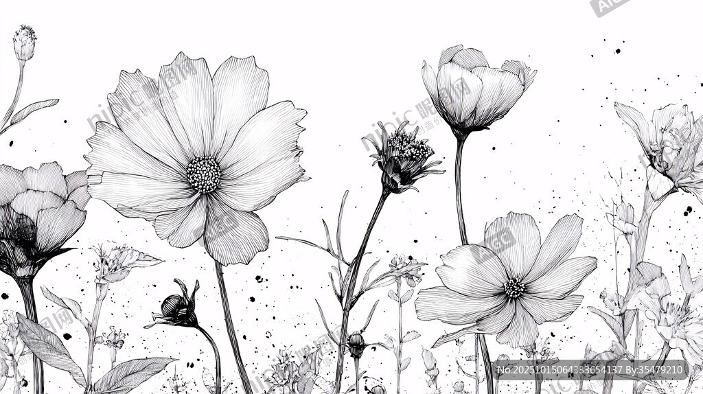 黑白花卉手绘插画