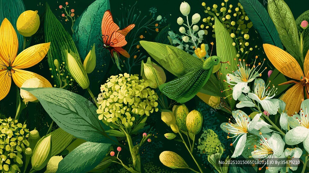 春日繁花蝴蝶绿意插画