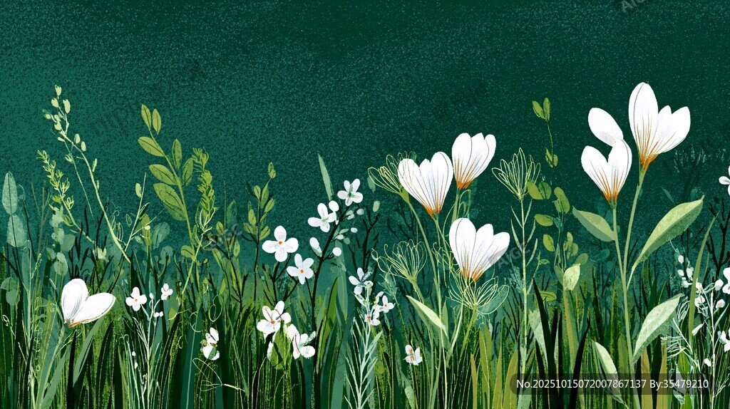 春日绿野花卉清新插画
