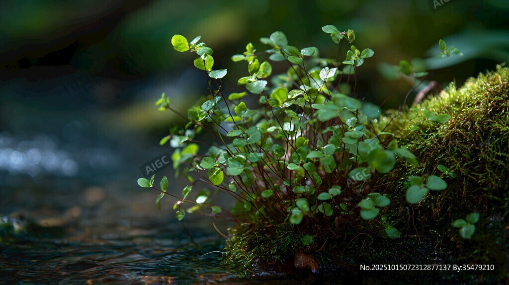 溪边嫩绿小植物与苔藓