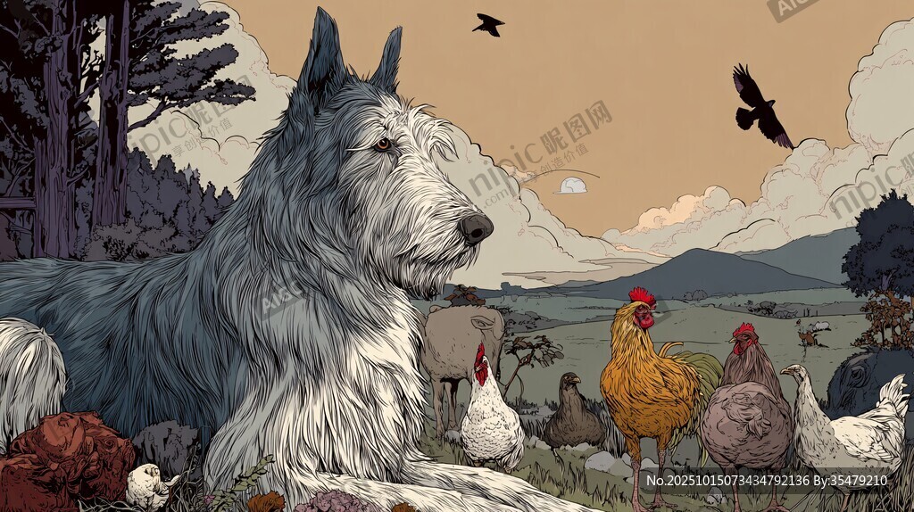 田园犬与鸡的和谐乡村图景