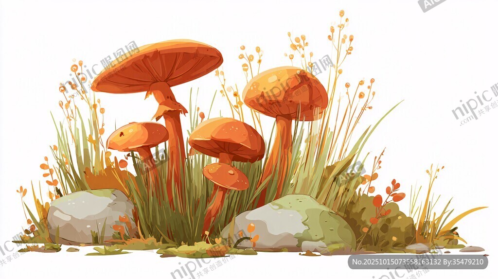 草地上的橙色蘑菇插画