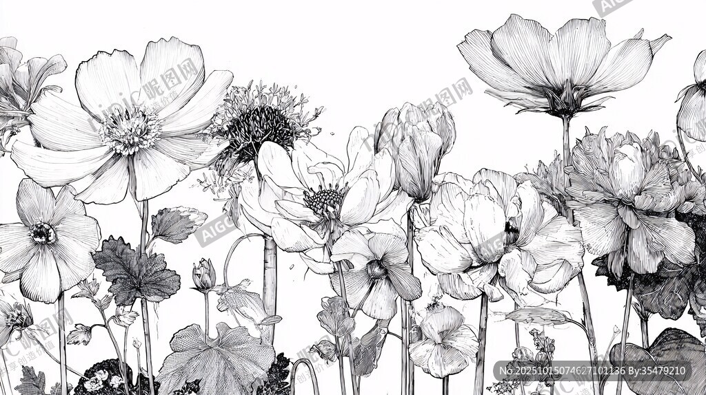 黑白花卉手绘插画作品
