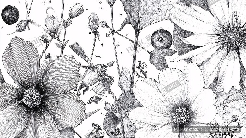 黑白花卉植物手绘图景