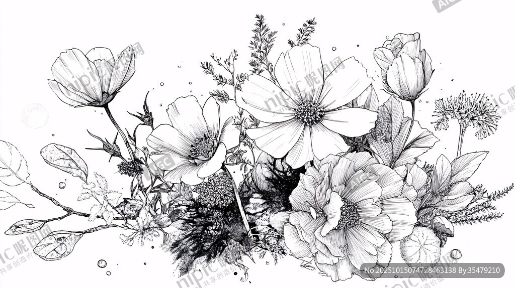 黑白花卉手绘插画作品