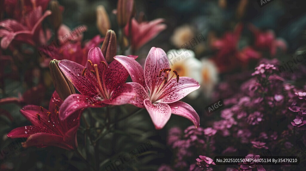 娇艳百合花绽放于花丛中