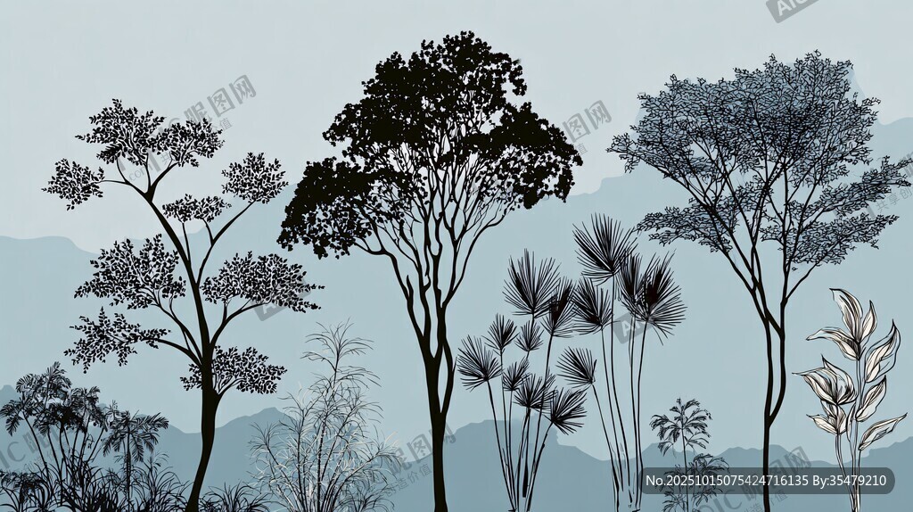 森林树木剪影自然风景图
