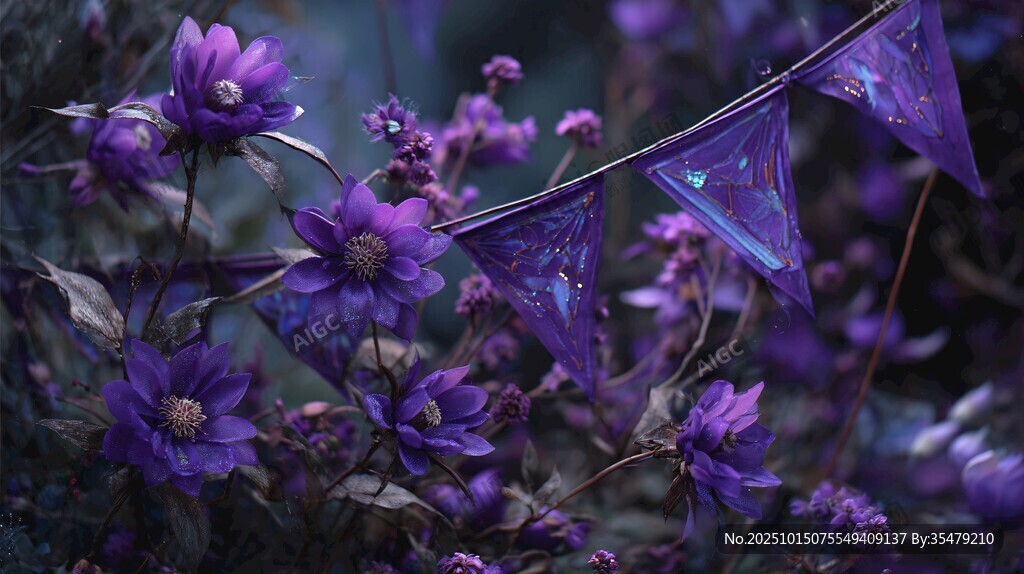 梦幻紫花与三角旗装饰
