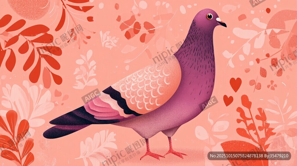 紫鸽栖于繁花嫩叶间