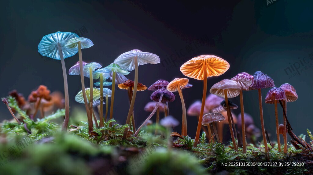 多彩蘑菇丛生于翠绿苔藓