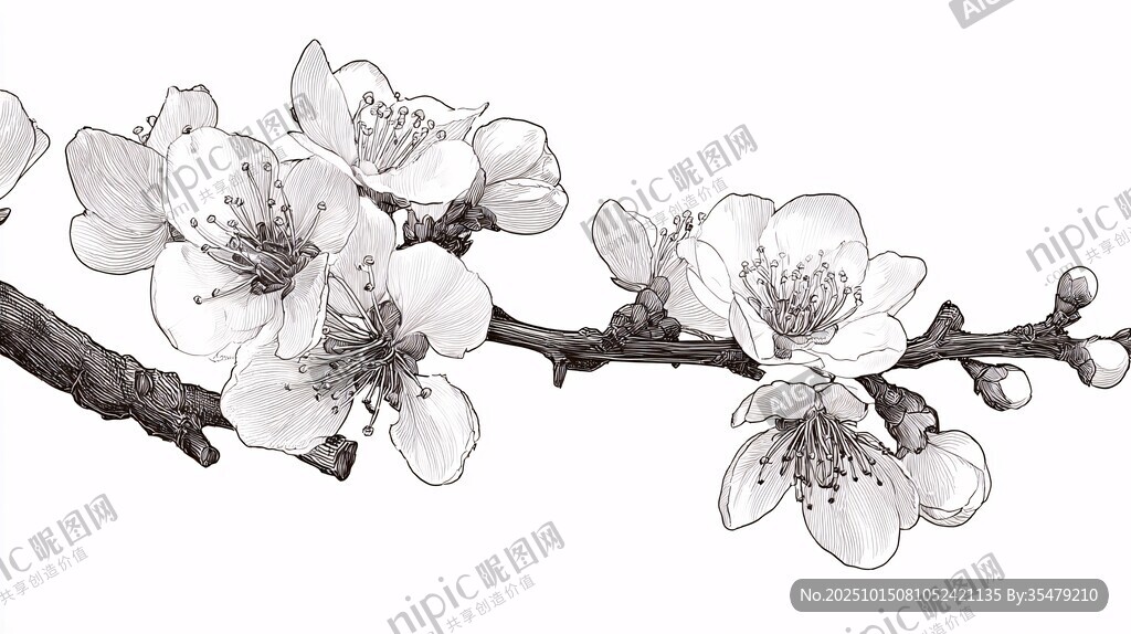 水墨风杏花枝头插画