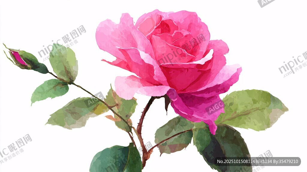 水彩绘粉色娇艳月季花