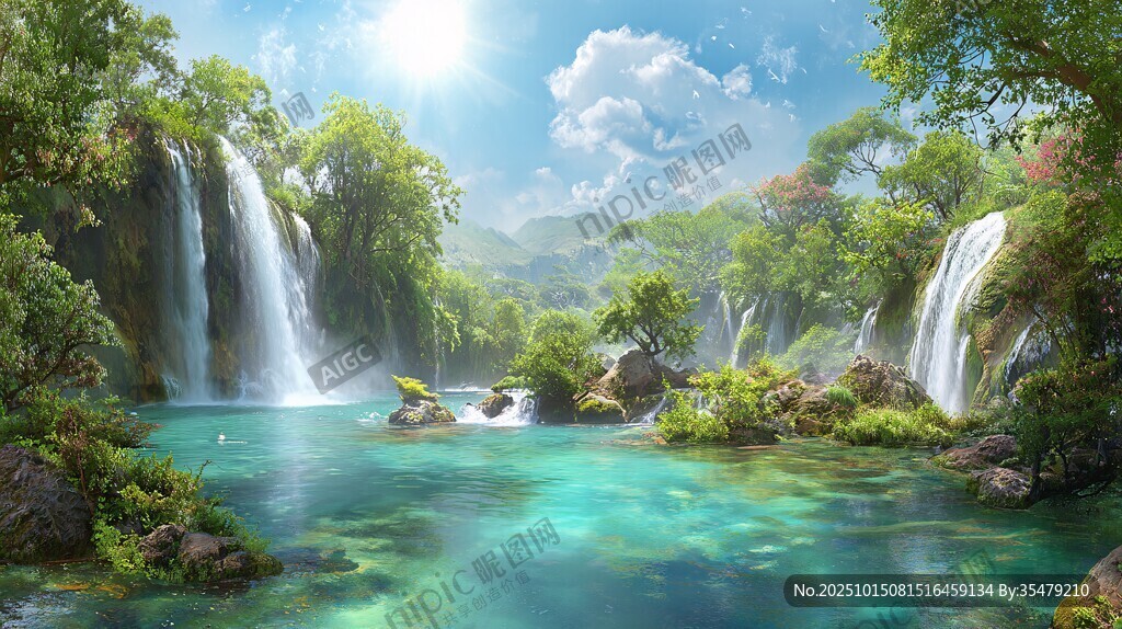 梦幻山水间的灵动瀑布