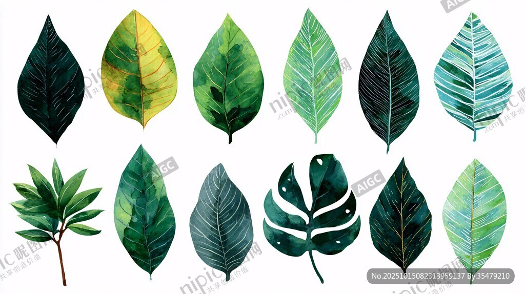 手绘多彩绿叶植物素材集