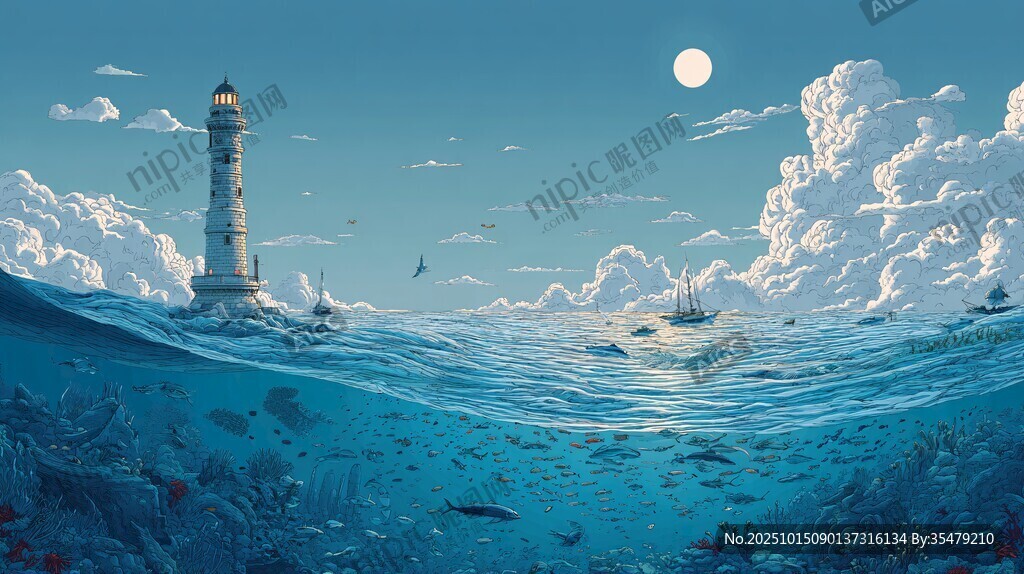 海上灯塔月夜梦幻景观