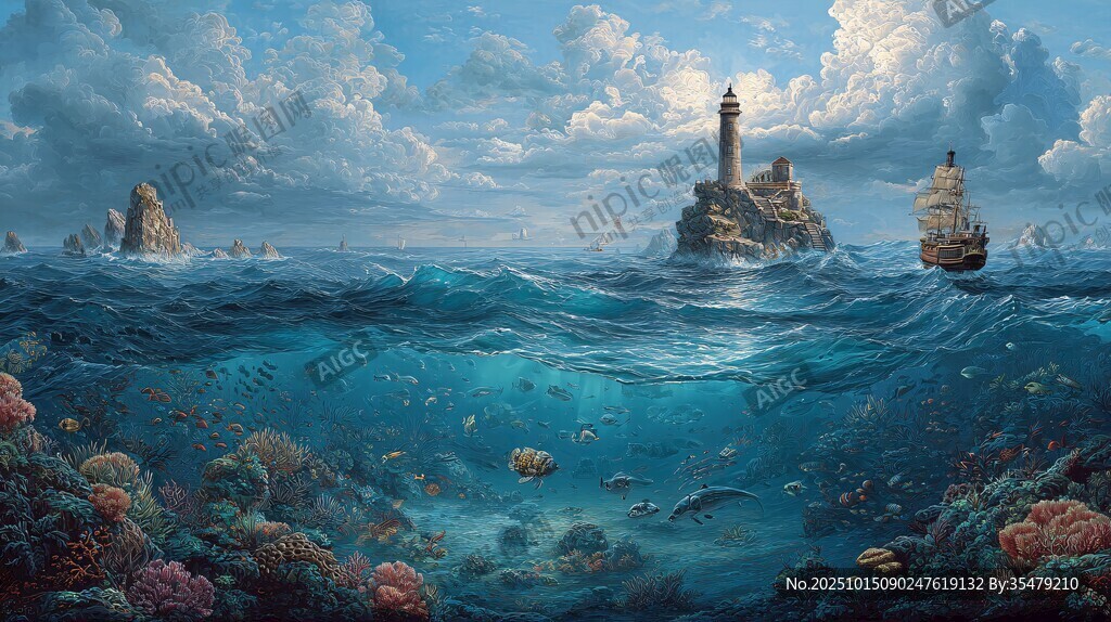 梦幻海洋中的灯塔与船只