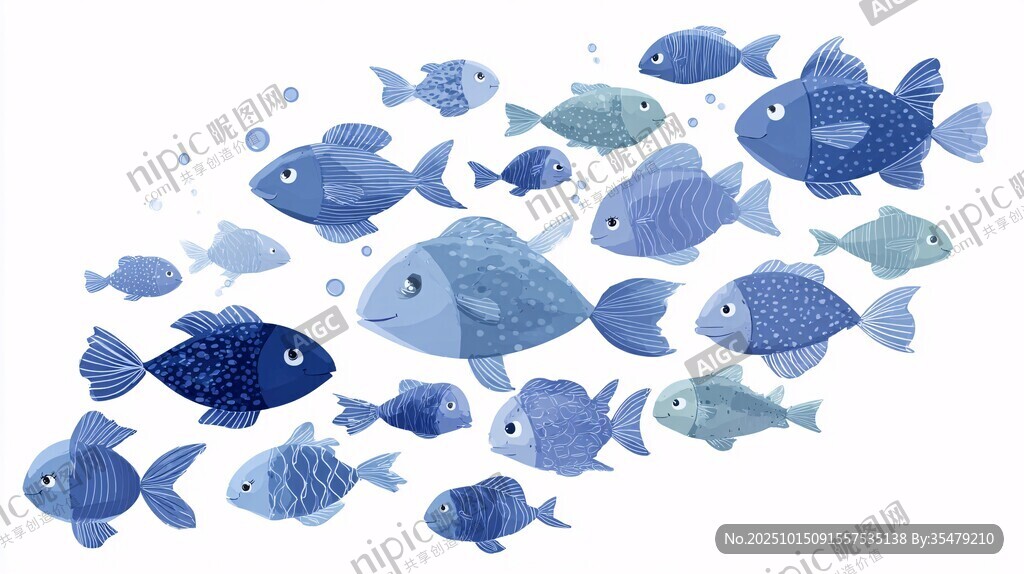 蓝色鱼群畅游插画