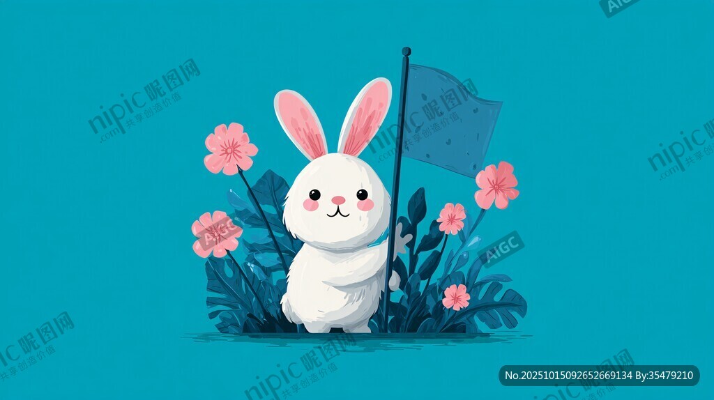 可爱白兔持旗于花丛中