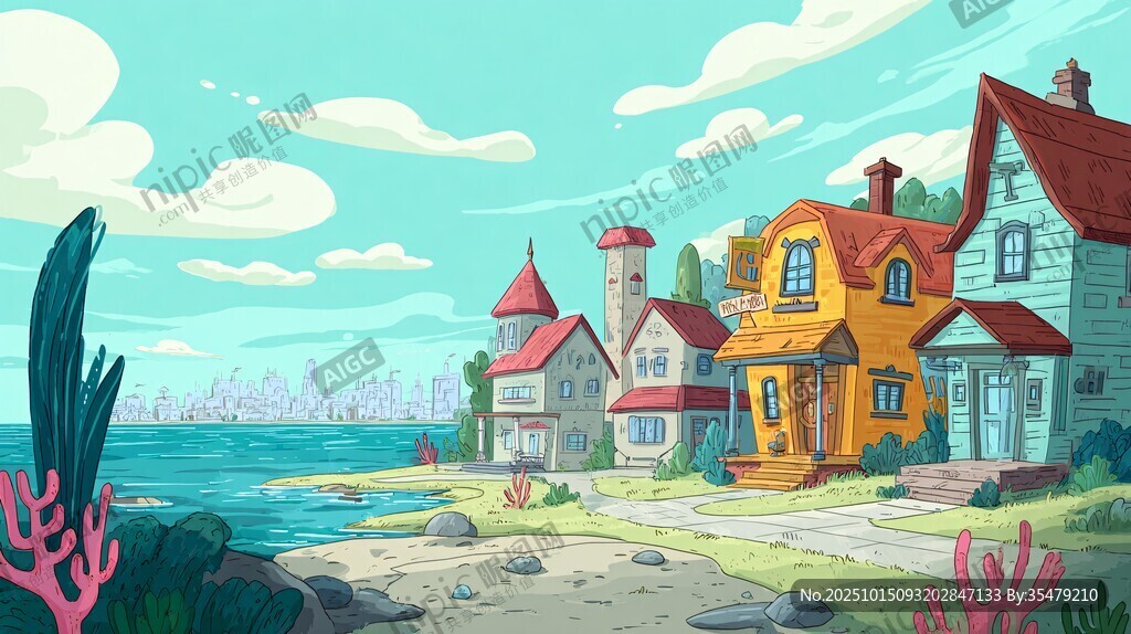 海滨彩色小屋卡通风景图