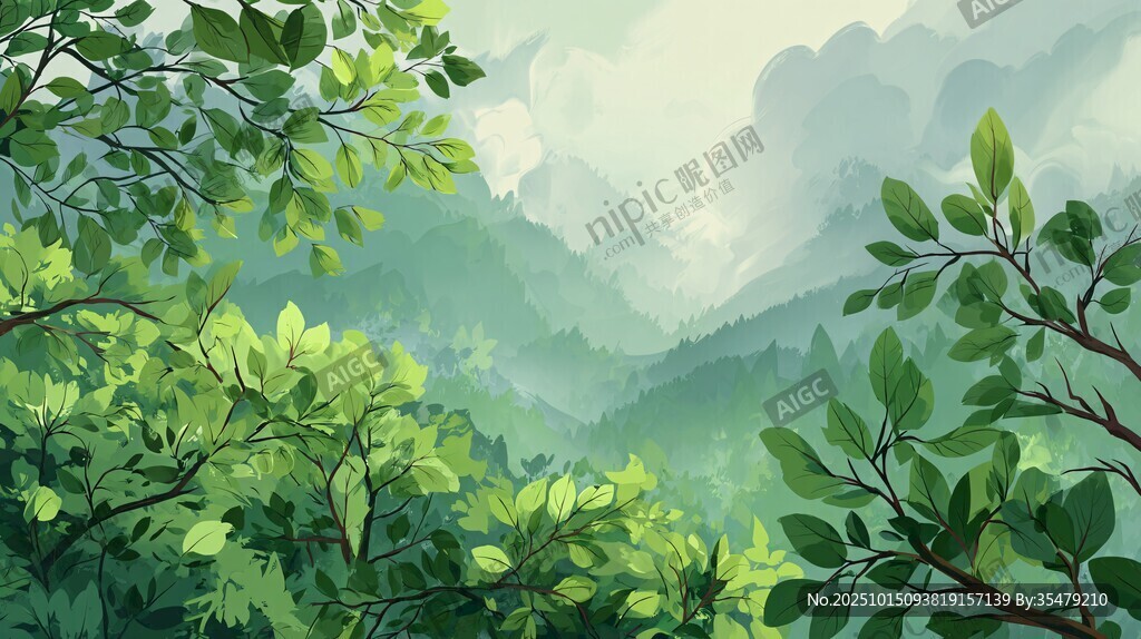 山林绿意盎然的清新景致