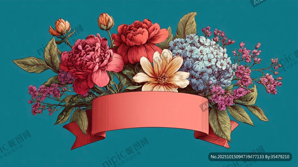 多彩花卉配粉色飘带装饰