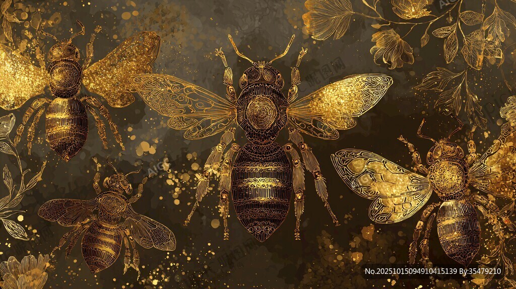 金色蜜蜂与花卉梦幻图景
