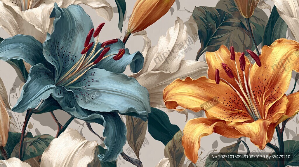 多彩百合花植物图案插画