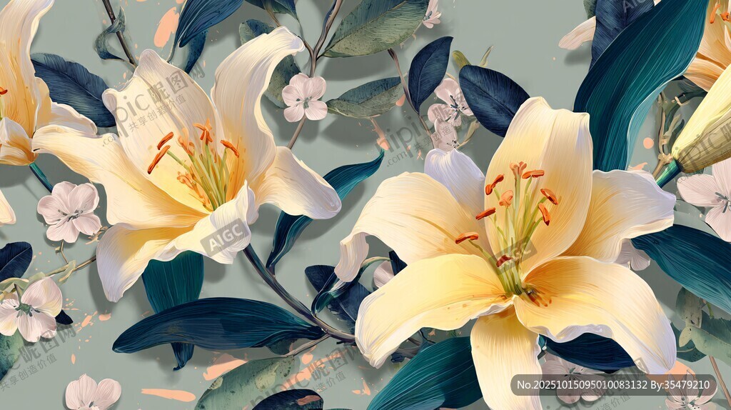 淡黄色百合花花卉插画