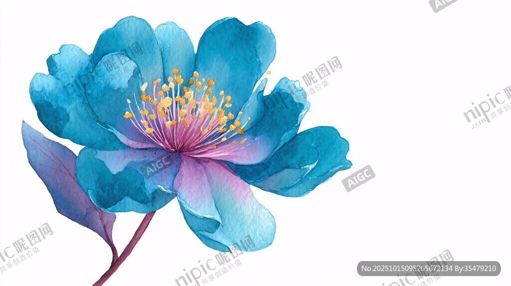 蓝色水彩风绽放花朵插画