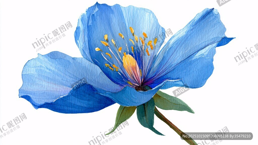蓝色梦幻花朵水彩插画
