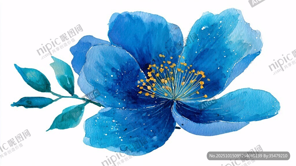 蓝色水彩花卉插画