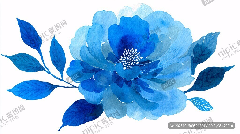 蓝色水彩花卉插画