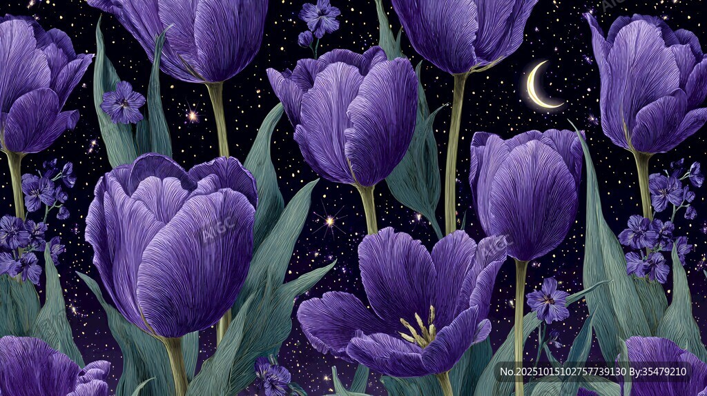 月夜紫郁金香梦幻花卉图