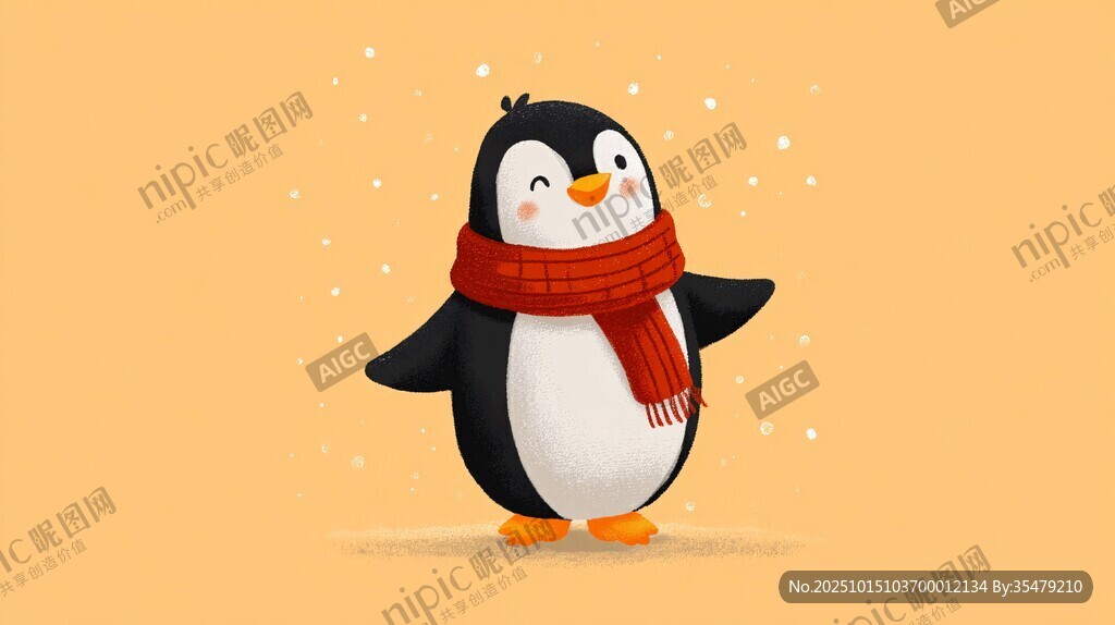 可爱企鹅戴红围巾迎雪