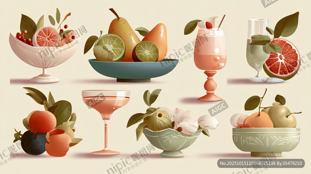 复古风水果与饮品插画